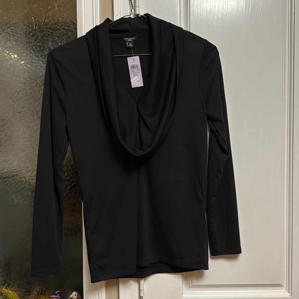 Ann Taylor petite black warm cowl neck top.